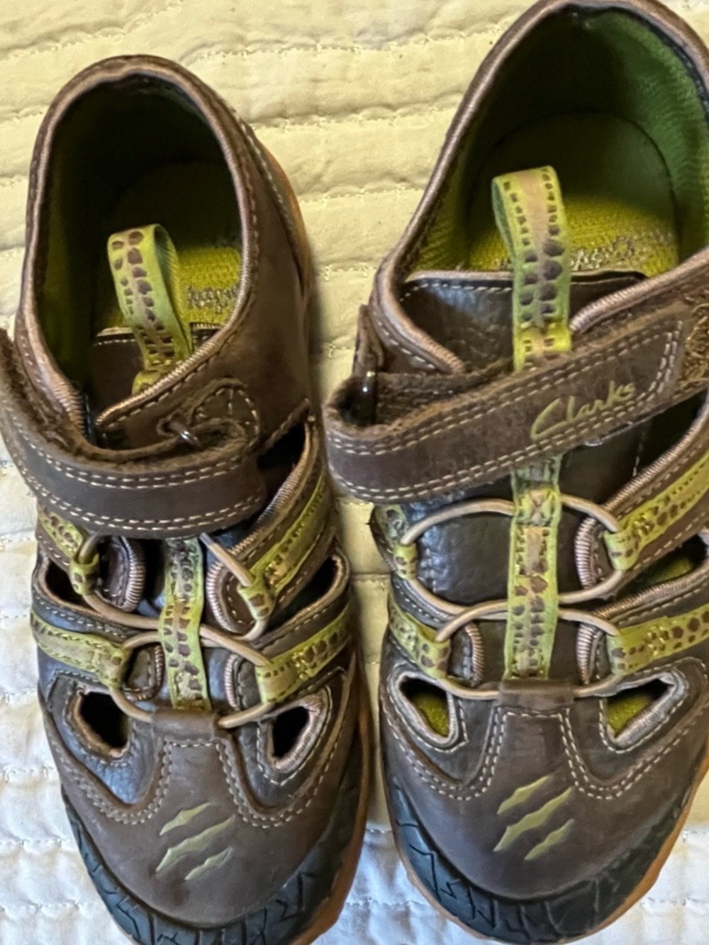 Clarks Brown Leather Sandals with Green Dinosaur Sole Motif